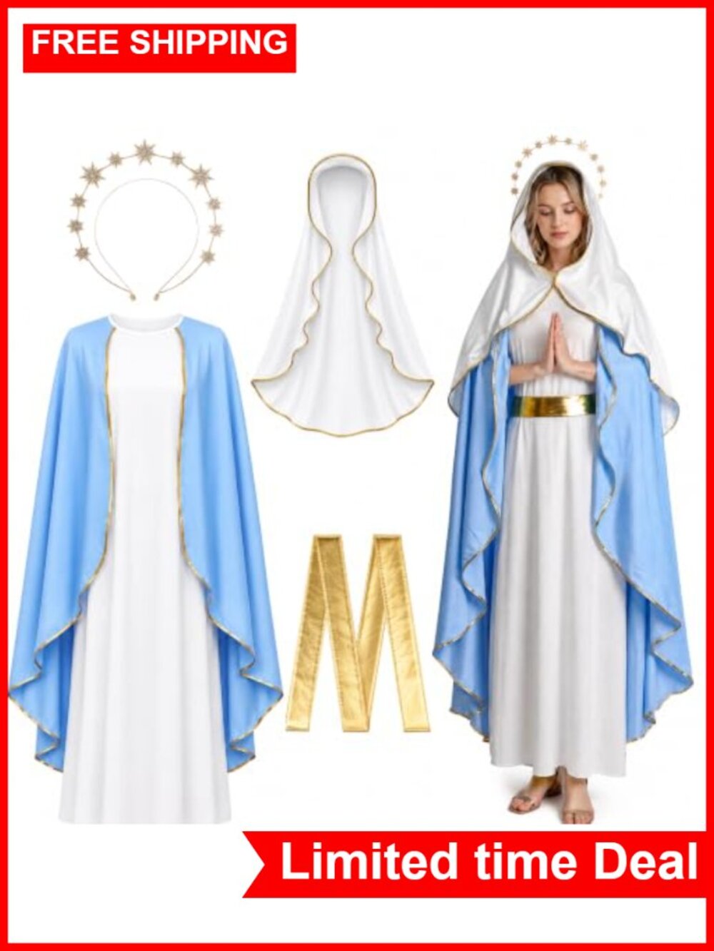 Virgin Mary Costume Set Women Religious Cosplay Dress Robe Gold Trim